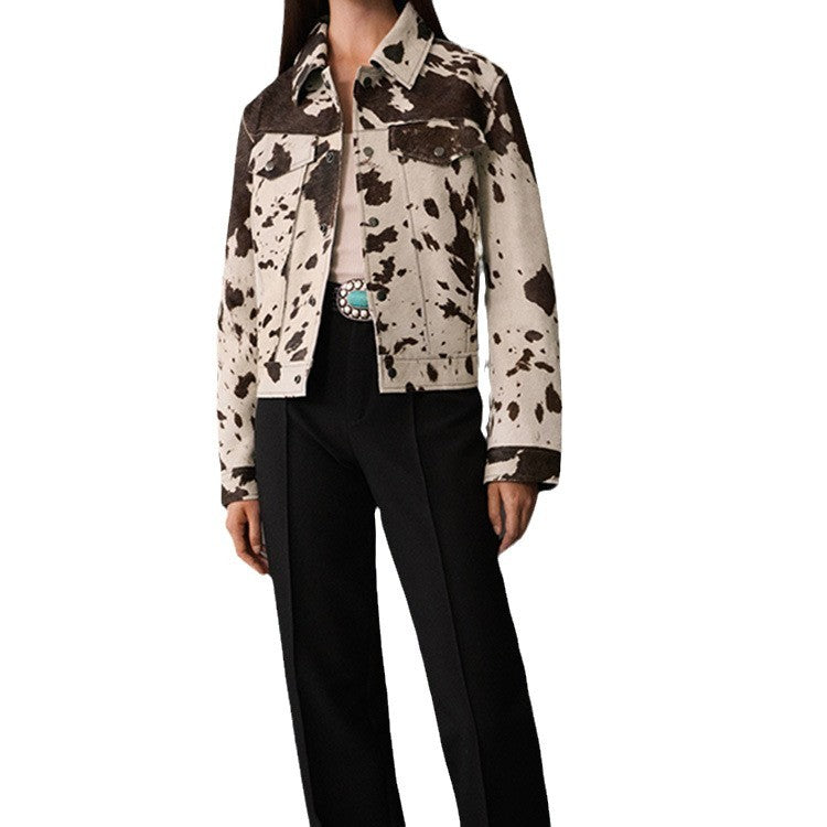 Women's denim jacket in a casual cow print with textured accents NOVAE
