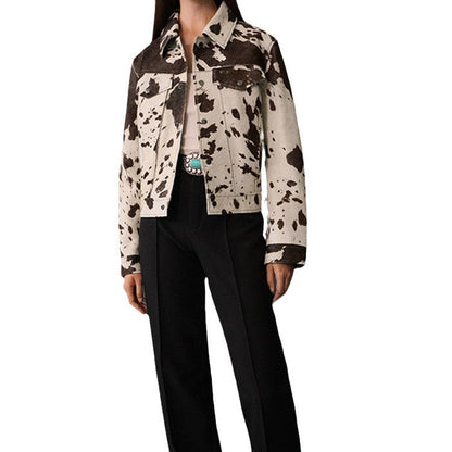 Women's denim jacket in a casual cow print with textured accents NOVAE