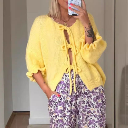 Women's trendy knit cardigan with gathers and ties NOVAE