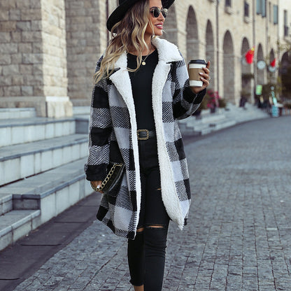 Women's fashionable plush coat with check pattern and soft lining NOVAE