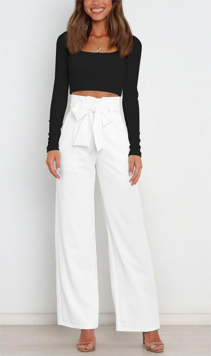 Women's wide-leg trousers with tie belt and elegant pockets NOVAE