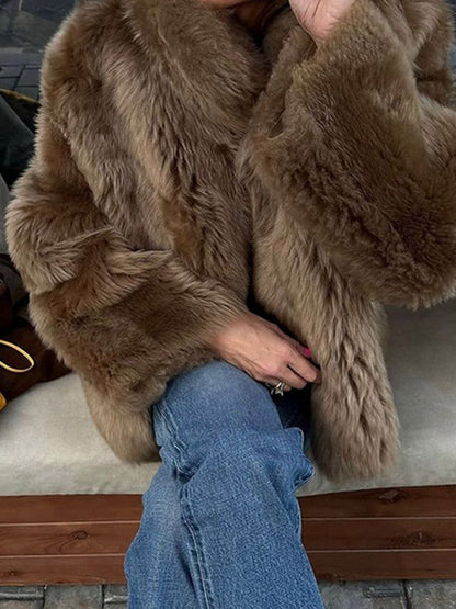 Women's fluffy faux fur coat with high collar and soft lining NOVAE