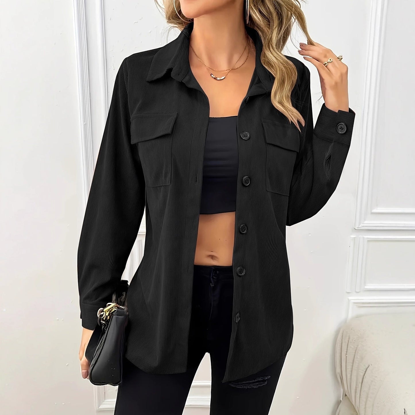 Women's casual corduroy jacket with practical pockets and button closure NOVAE