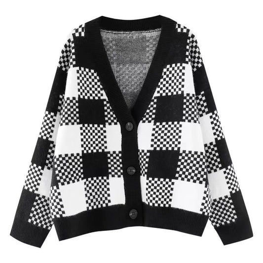 Women's chunky knit cardigan with contrasting check pattern and button details NOVAE