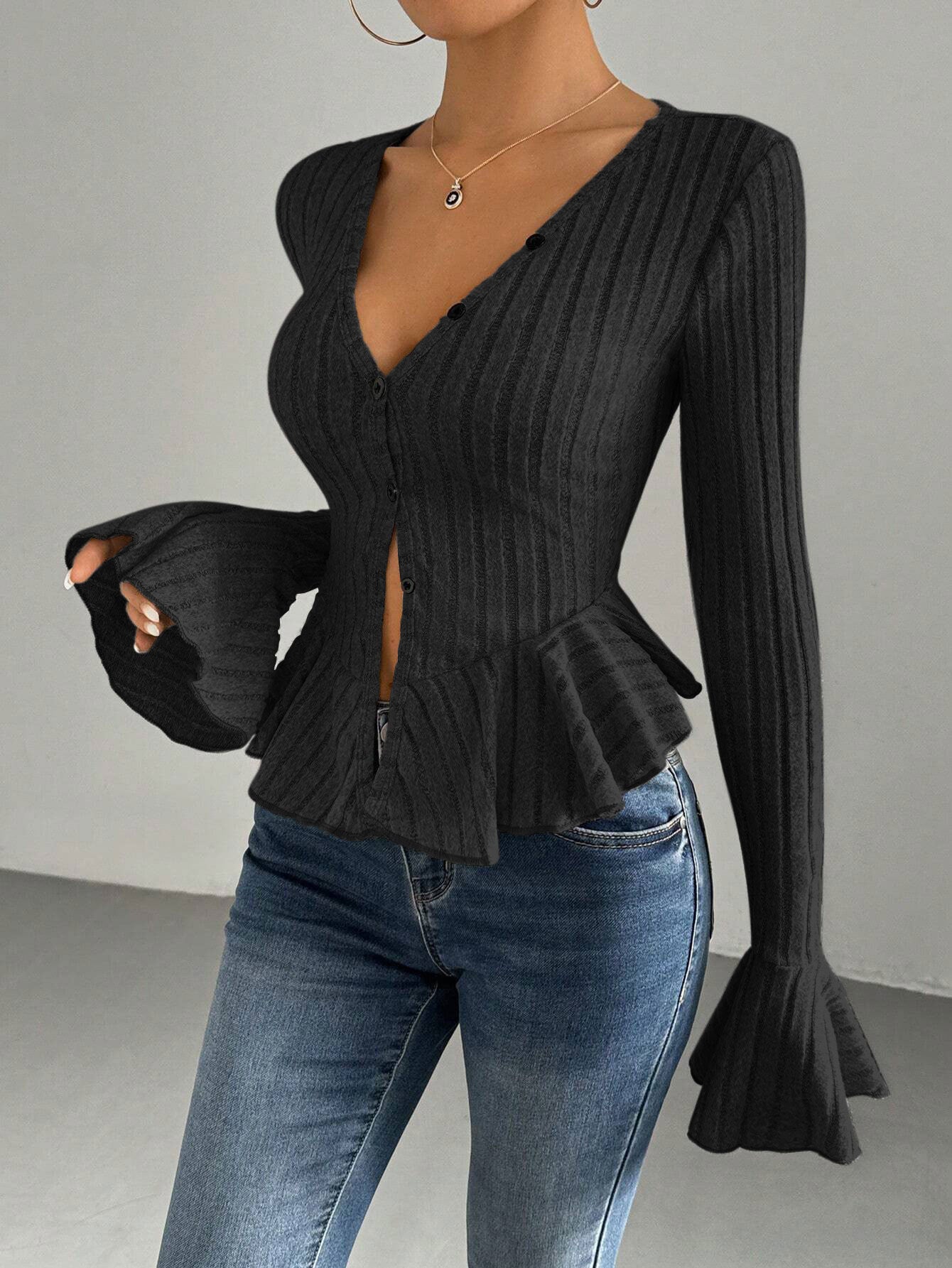 Women's knitted top with sophisticated box pleat design and button placket NOVAE