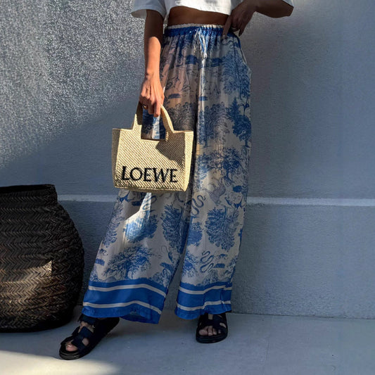 Women's wide-leg palazzo trousers with floral pattern and elasticated waistband NOVAE