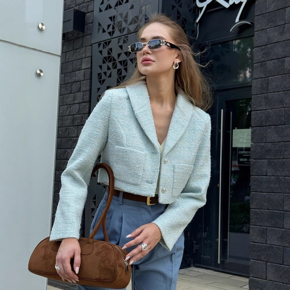 Women's elegant short jacket made of high-quality bouclé with shimmering button details NOVAE