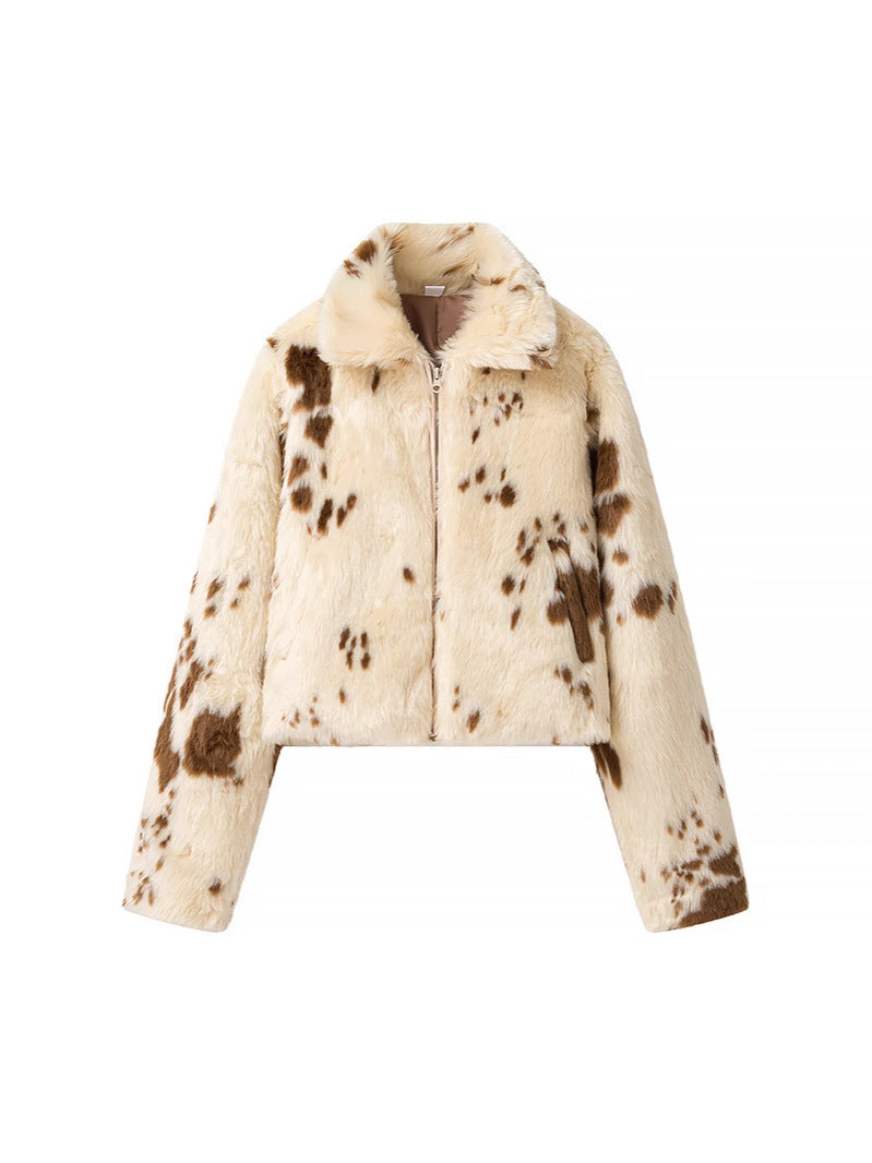 Women's fashionable short jacket made of faux fur with a unique animal motif NOVAE
