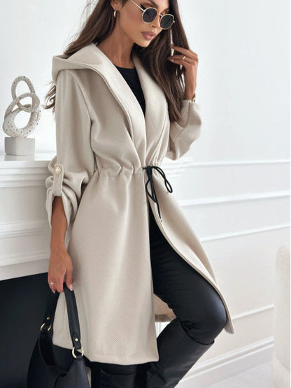 Women's hip-length fabric coat with hood and waist belt NOVAE