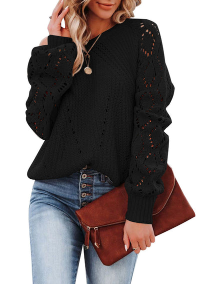 Women's elegant knit sweater with airy crochet texture and wide sleeves NOVAE