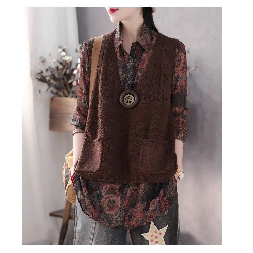 Women's knitted vest with deep V-neck and practical pockets NOVAE 1759203291