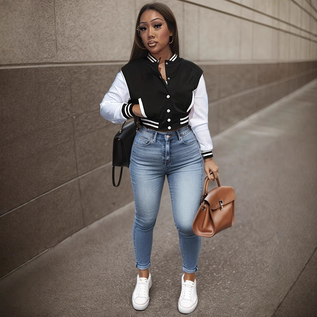 Women's varsity jacket with contrasting sleeves and structured collar NOVAE