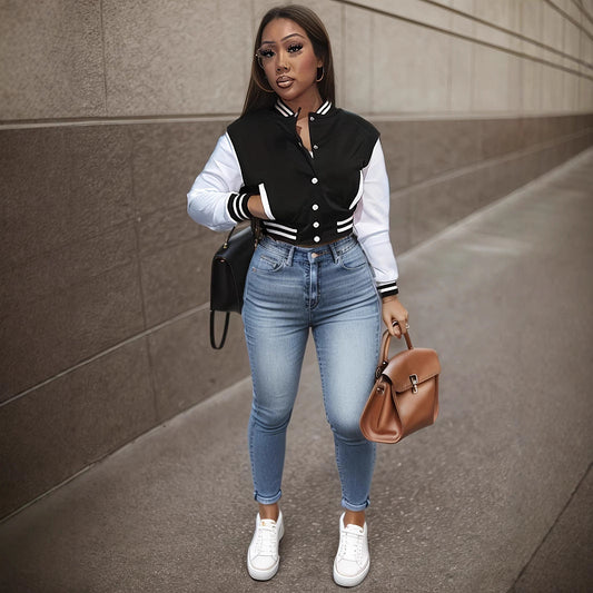 Women's varsity jacket with contrasting sleeves and structured collar NOVAE