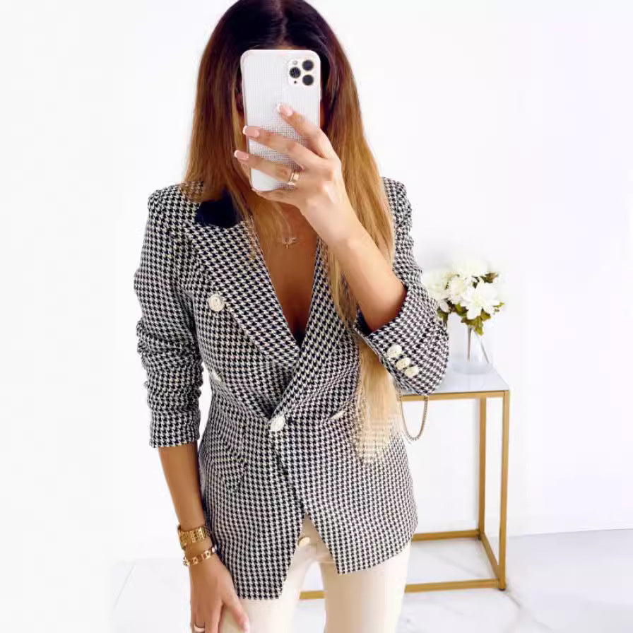 Women's chic checked blazer jacket with double-breasted button closure and tailored silhouette NOVAE