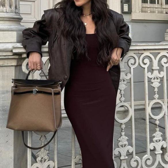 Women's stylish faux leather jacket with draping and adjustable belt NOVAE