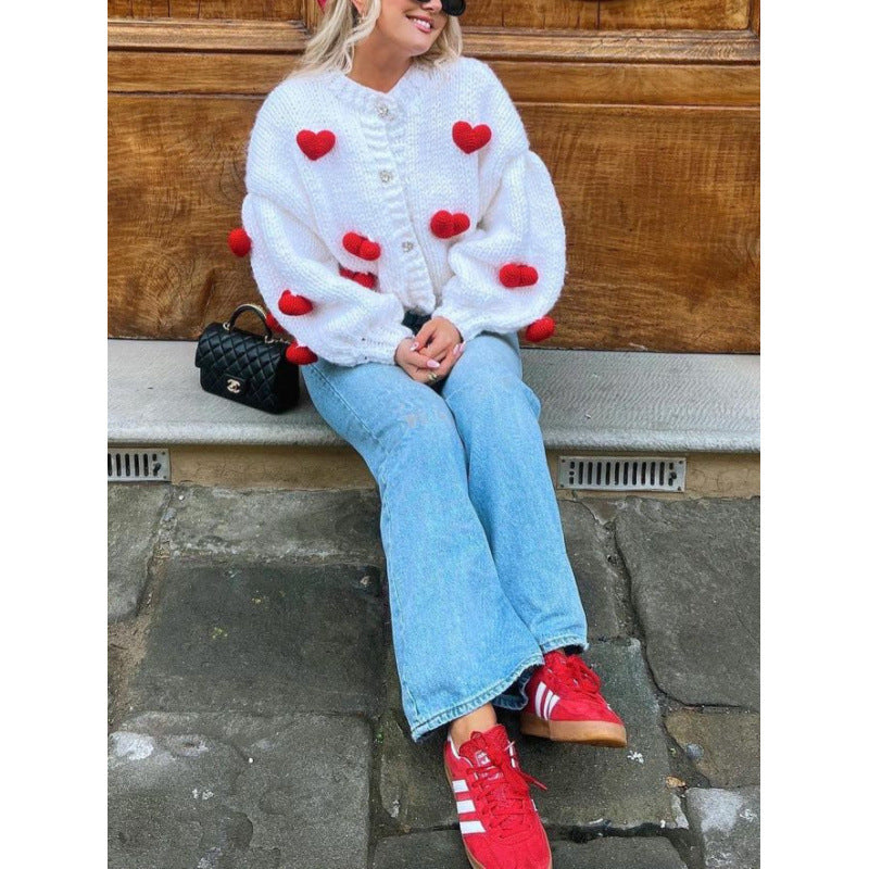 Women's playful knit cardigan with heart appliqués NOVAE