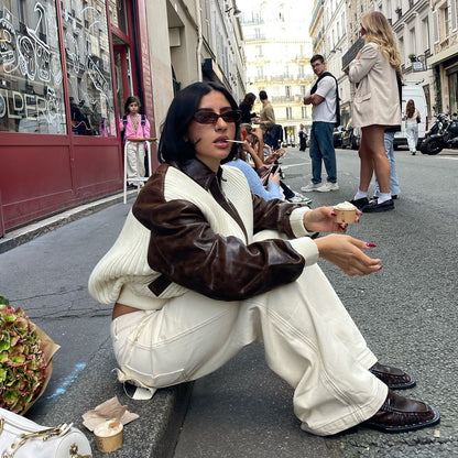 Women's oversized cardigan with leather sleeves and modern accents NOVAE