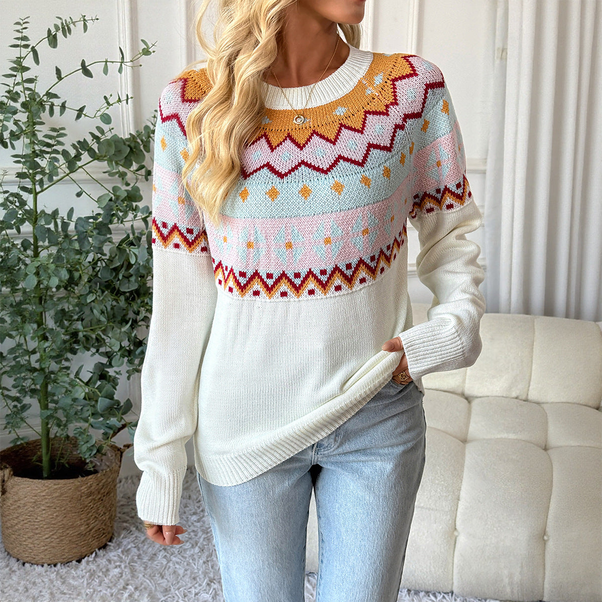Women's knitted sweater with traditional pattern and dropped shoulders NOVAE