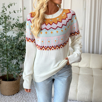 Women's knitted sweater with traditional pattern and dropped shoulders NOVAE