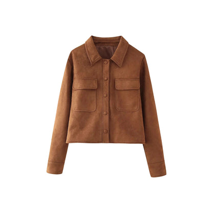 Women's fashionable short jacket made of imitation suede with practical pockets and an elegant collar NOVAE