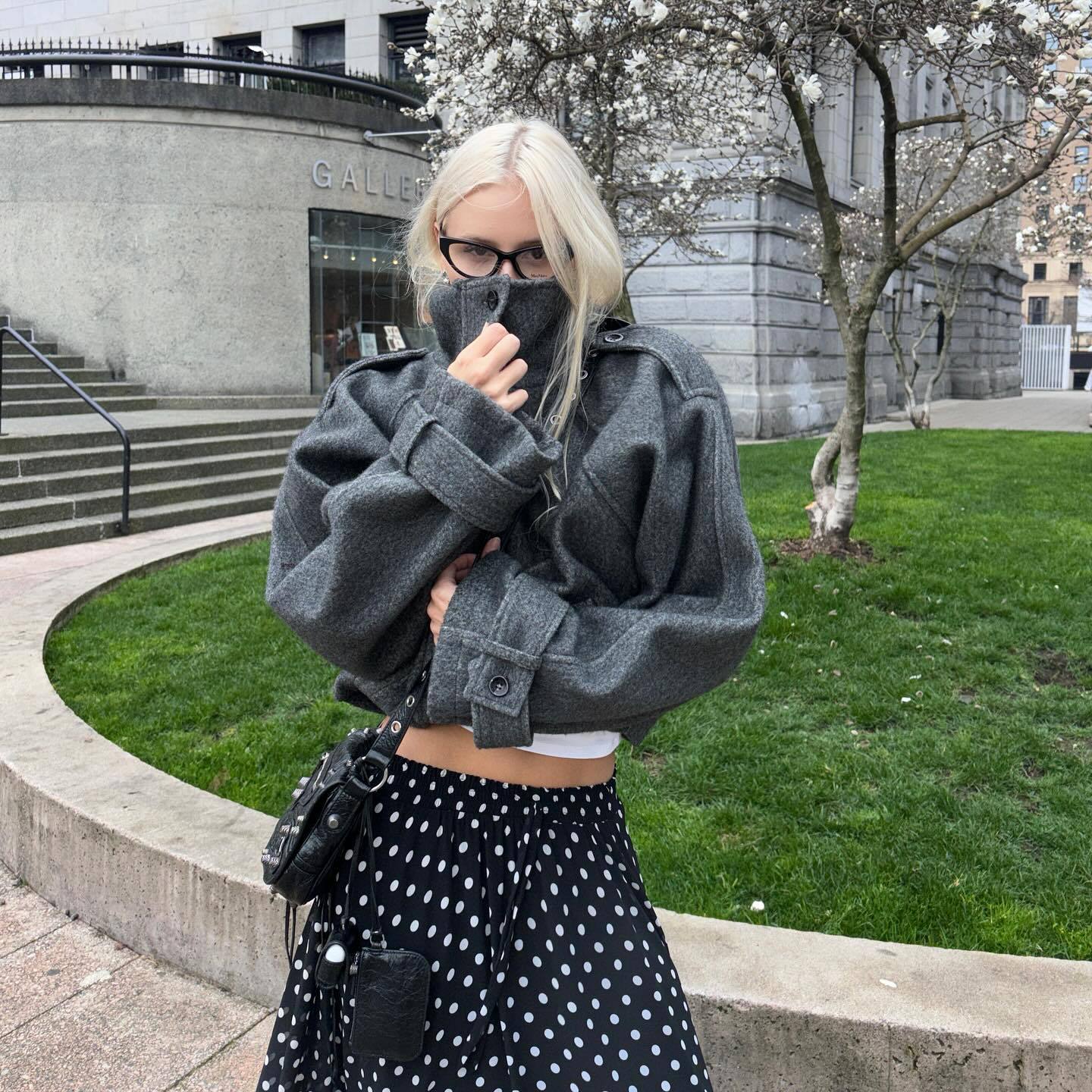 Women's Oversized Wool Jacket with High Collar and Practical Pockets NOVAE