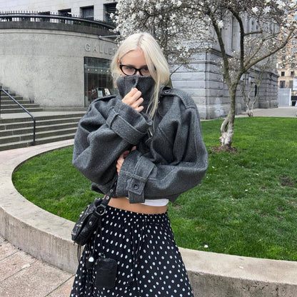 Women's Oversized Wool Jacket with High Collar and Practical Pockets NOVAE