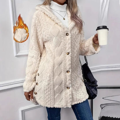 Women's cozy oversized coat with hood and button placket NOVAE