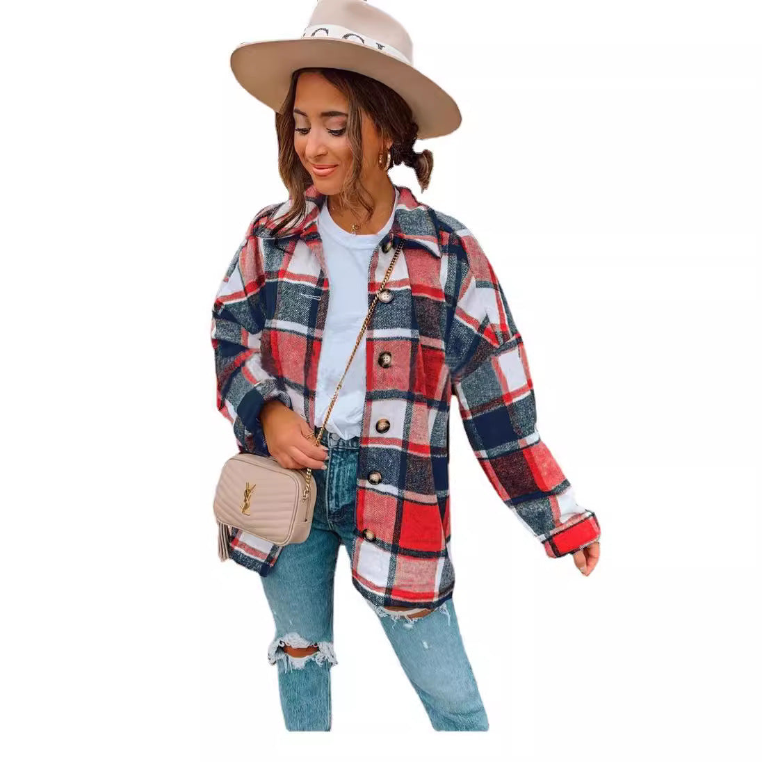 Women's casual checked flannel jacket with button details NOVAE