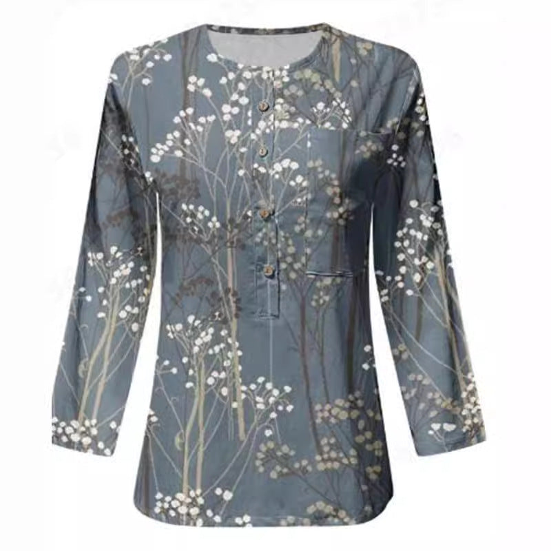 Women's Long Sleeve Blouse with Button Placket and Floral Pattern NOVAE