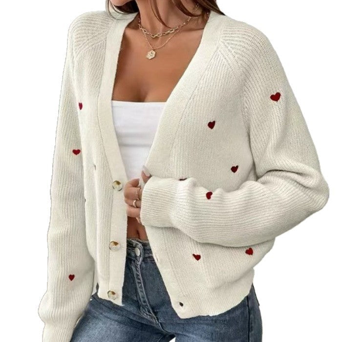 Women's casual cardigan with heart appliqués and deep V-neck NOVAE