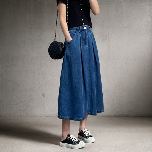 Women's Long Denim Skirt with Pleats and Side Pockets NOVAE
