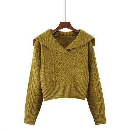 Women's knitted sweater with wide collar and sophisticated cable pattern NOVAE