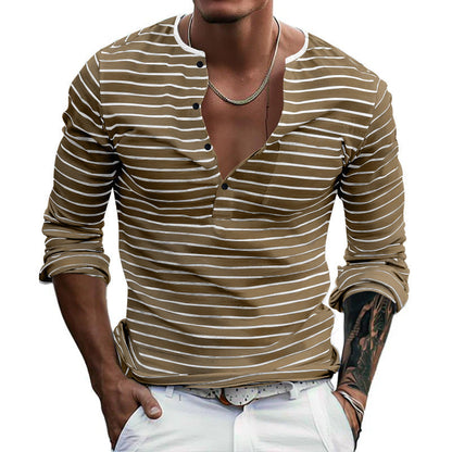 Men's striped long-sleeved shirt with button placket and V-neck NOVAE