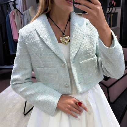 Women's elegant short jacket made of high-quality bouclé with shimmering button details NOVAE
