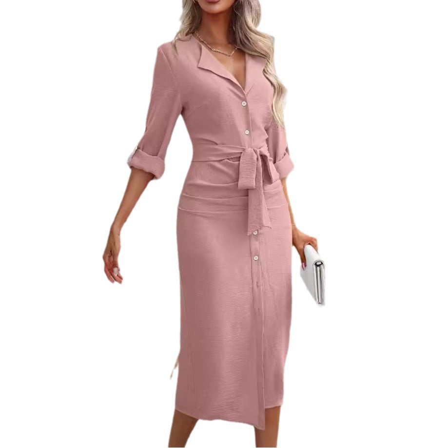 Women's Knee-Length Shirt Dress with Waist Belt NOVAE