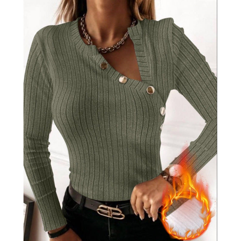 Women's long-sleeved shirt with fashionable button detail and ribbed texture NOVAE