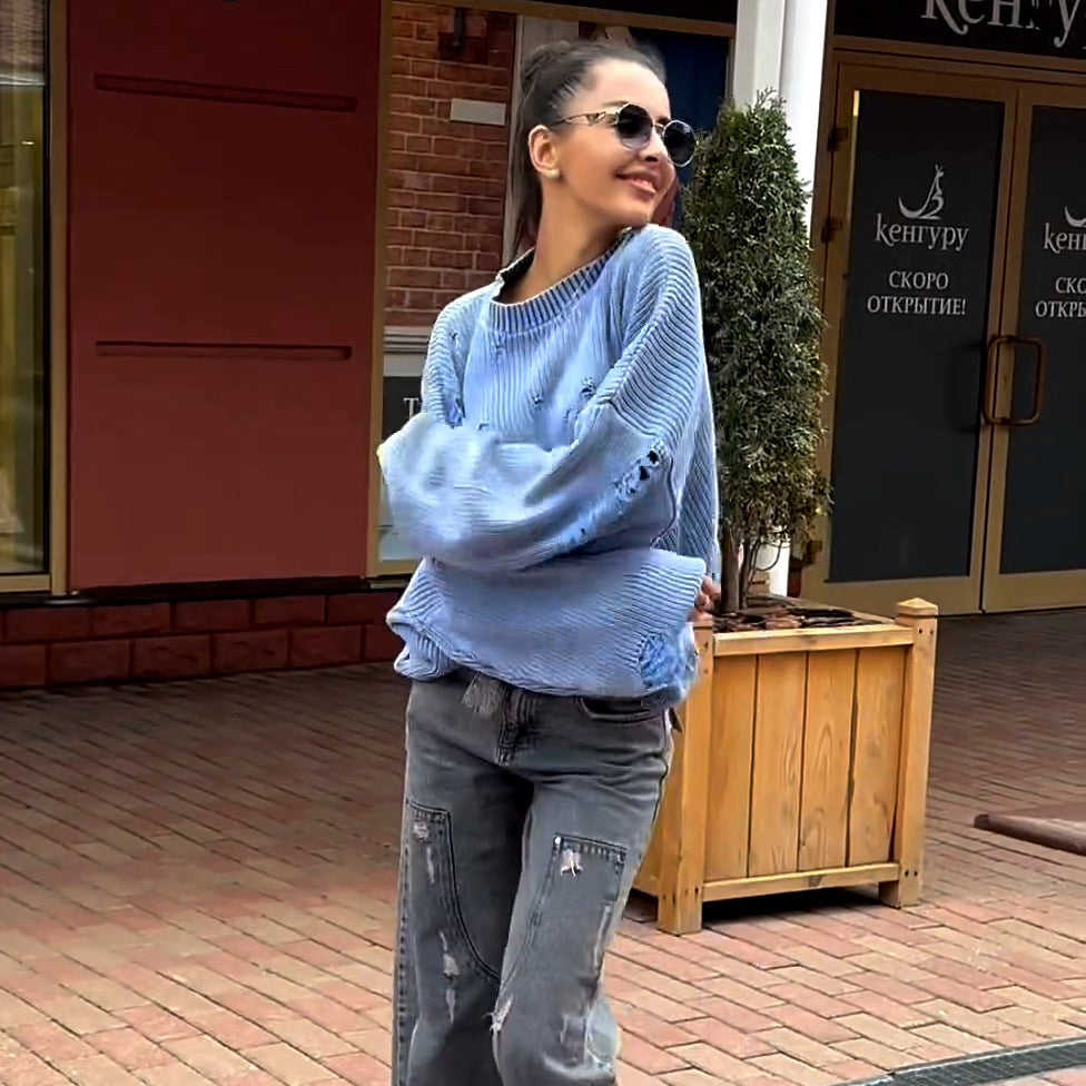 Women's casual sweater with fashionable ripped design and voluminous sleeves NOVAE