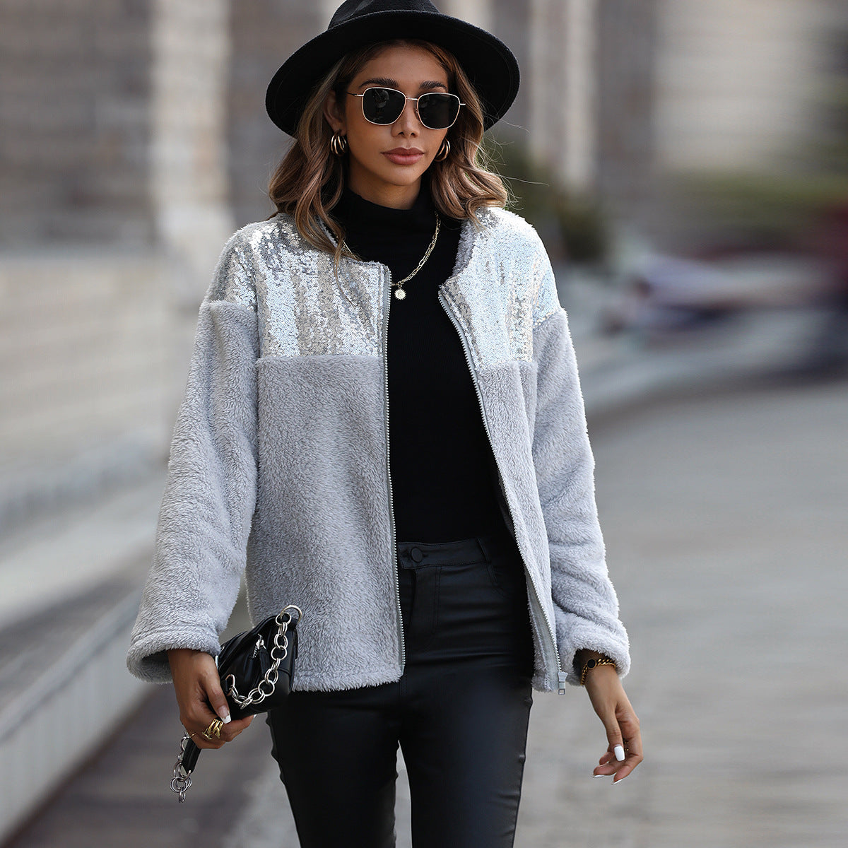 Women's fleece jacket with glitter appliqués NOVAE