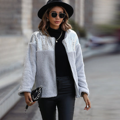 Women's fleece jacket with glitter appliqués NOVAE