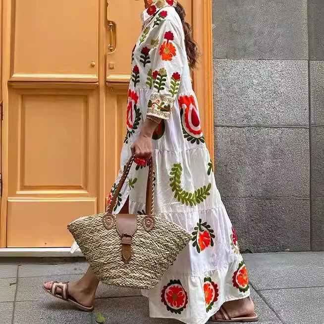 Women's Long Sleeve Partial Check Dress with Floral Embroidery NOVAE