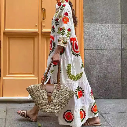 Women's Long Sleeve Partial Check Dress with Floral Embroidery NOVAE