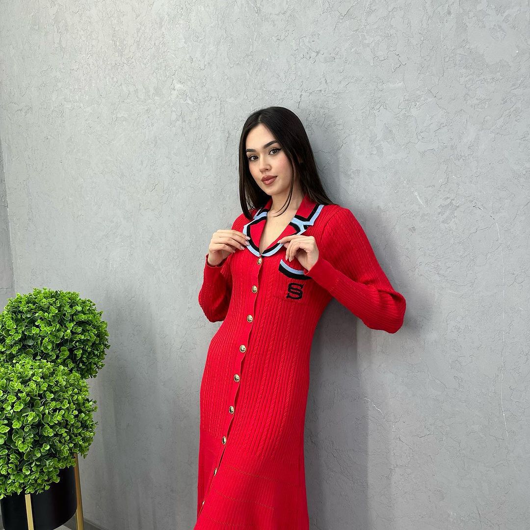 Women's knitted dress with elegant button placket and shirt collar NOVAE