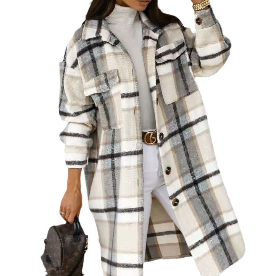 Women's Checkered Oversized Shirt Coat with Practical Pockets NOVAE