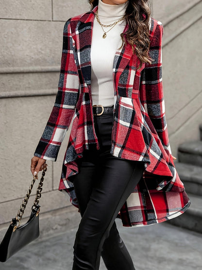 Women's elegant and flowing checked jacket with asymmetrical hem NOVAE