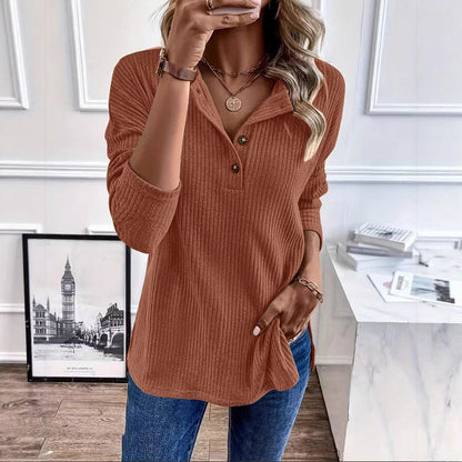 Women's casual ribbed sweater with button placket and 3/4 sleeves NOVAE