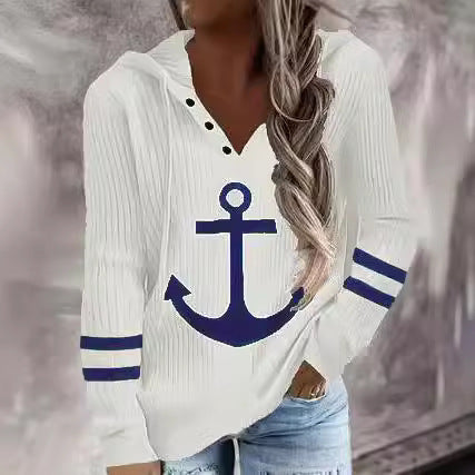 Women's hooded sweatshirt with a nautical anchor design and fine ribbed texture NOVAE