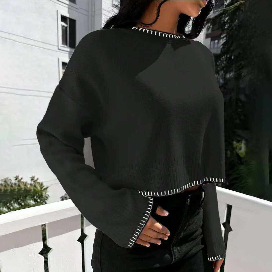 Women's casual cropped pullover with fine ribbing and elasticated waistband NOVAE