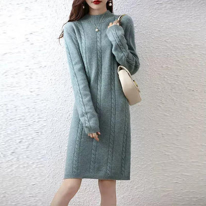 Women's knit dress with elegant cable design and high collar NOVAE