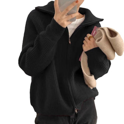 Women's cardigan with high collar and fashionable rib pattern NOVAE