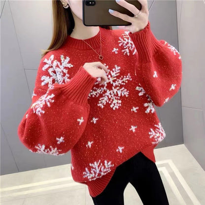 Women's knitted sweater with winter motif and puff sleeves NOVAE